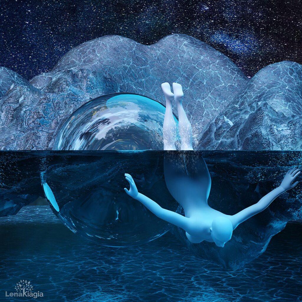 Diving in imaginary ocean. 3d Scene © Lena Kiagia | https://lenakiagia.com/