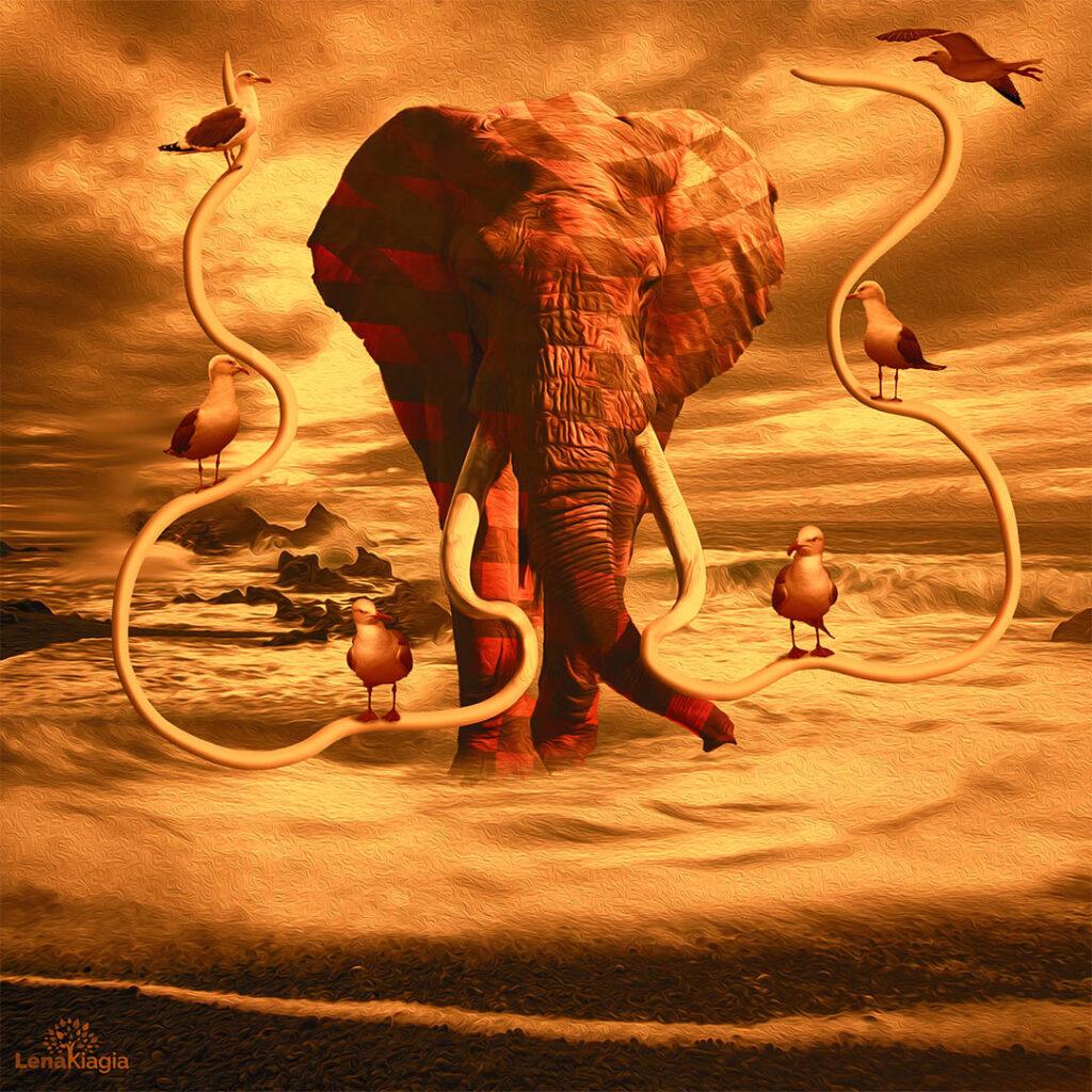 Elephant in Stormy ocean. Imaginary World © Lena Kiagia | https://lenakiagia.com/