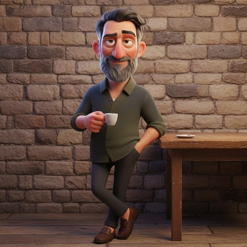 3D animated bearded man character 2 Pota Meta holding coffee cup