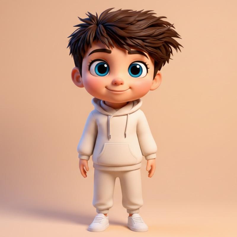 3D animated boy character Alkis with big blue eyes and beige hoodie