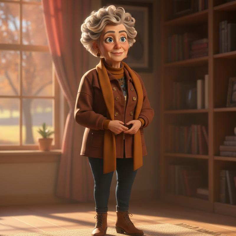 3D animated elderly woman character Aunt Vera in warm brown outfit